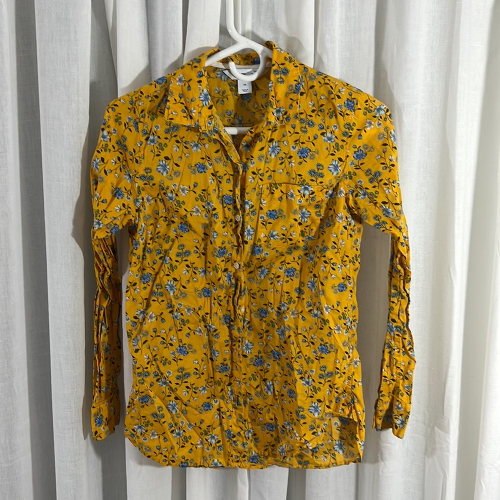 Women’s Long Sleeve Mustard Yellow Floral Button Down Top size XS